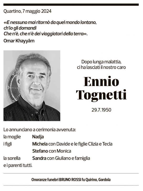 Annuncio funebre Ennio Tognetti