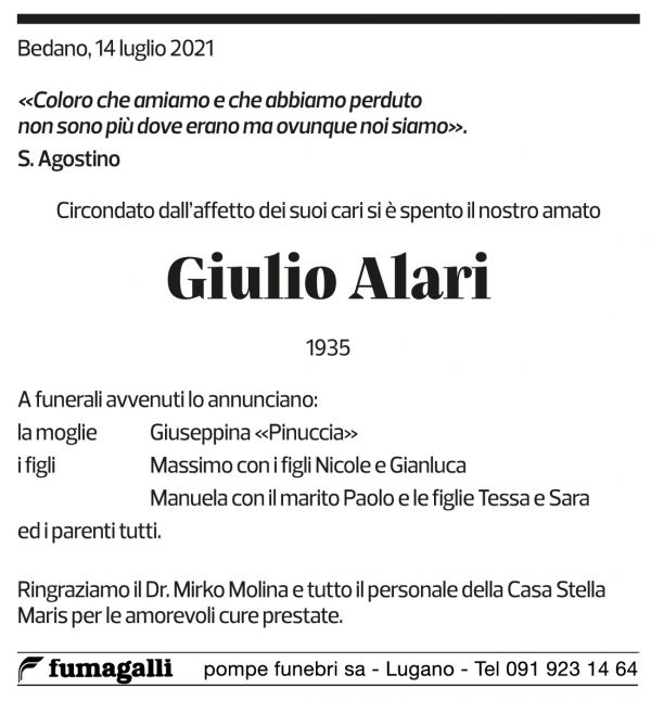 Annuncio funebre Giulio Alari