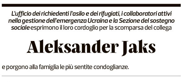 Annuncio funebre Aleksander Jaks