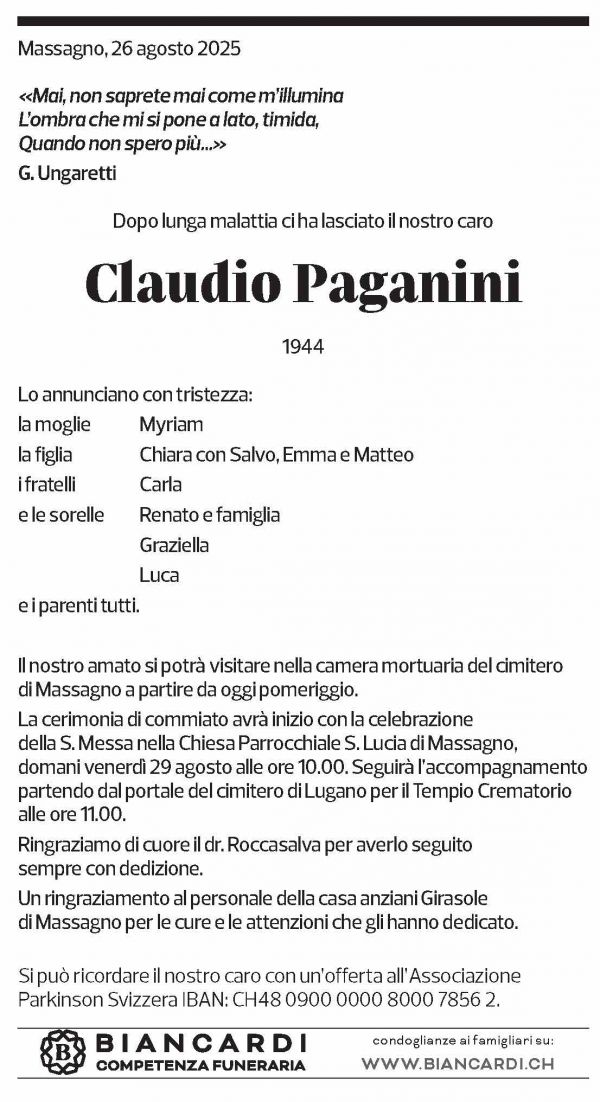 Annuncio funebre Claudio Paganini