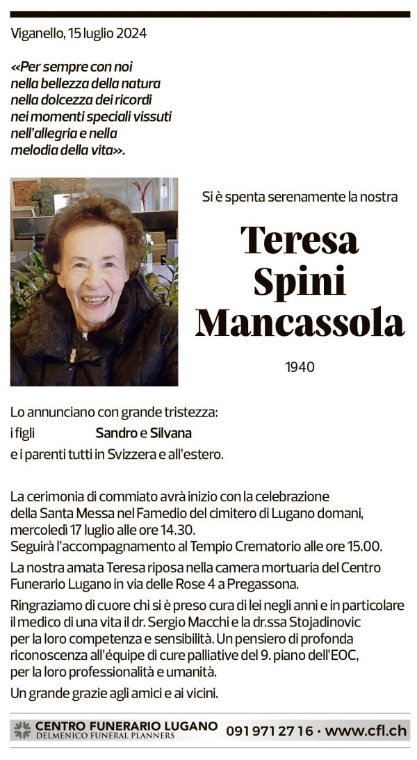 Annuncio funebre Teresa Spini Mancassola