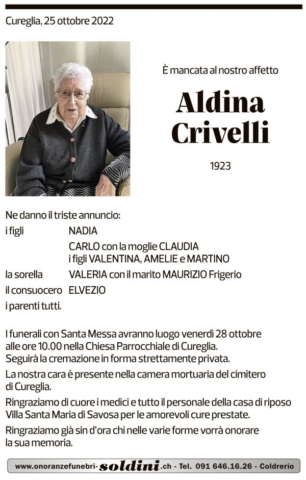 Annuncio funebre Aldina Crivelli