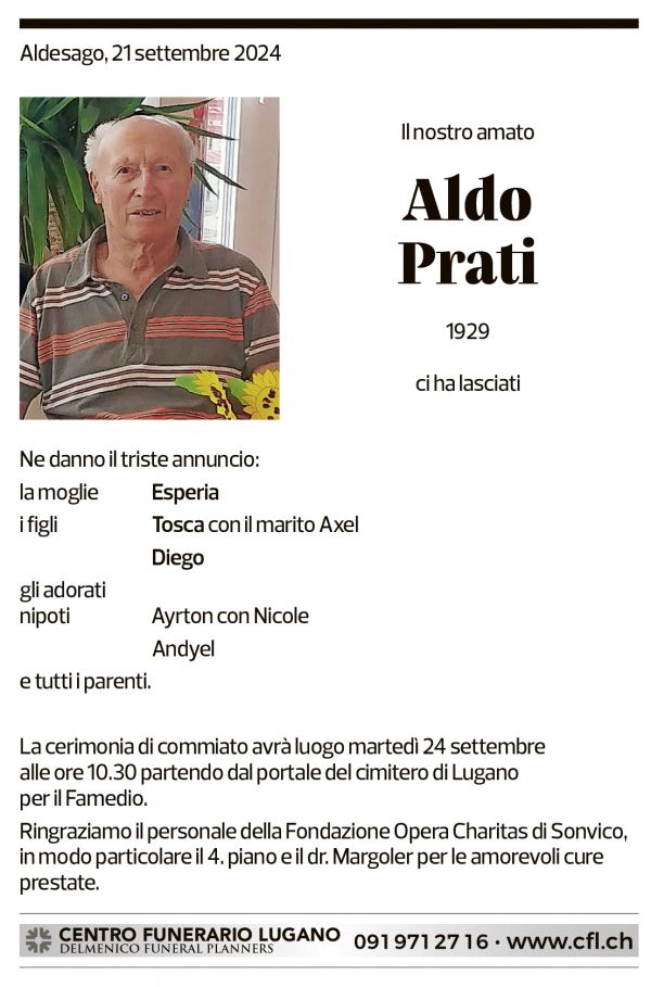 Annuncio funebre Aldo Prati