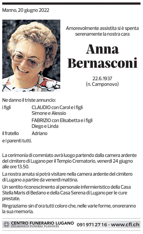 Annuncio funebre Anna Bernasconi