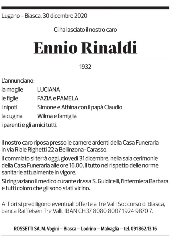 Annuncio funebre Ennio Rinaldi