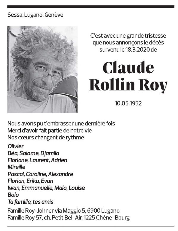 Annuncio funebre Calude Rollin Roy