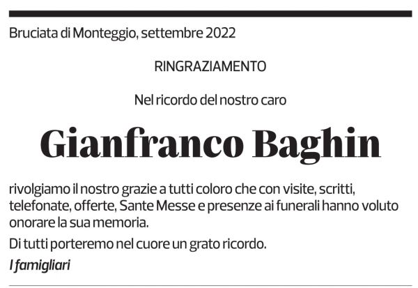 Annuncio funebre Gianfranco Baghin