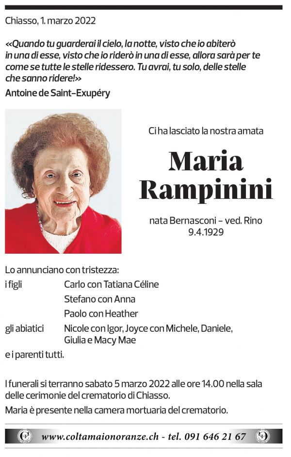 Annuncio funebre Maria Rampinini