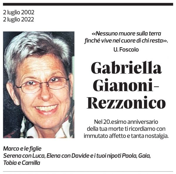 Annuncio funebre Graziella Gianoni-rezzonico