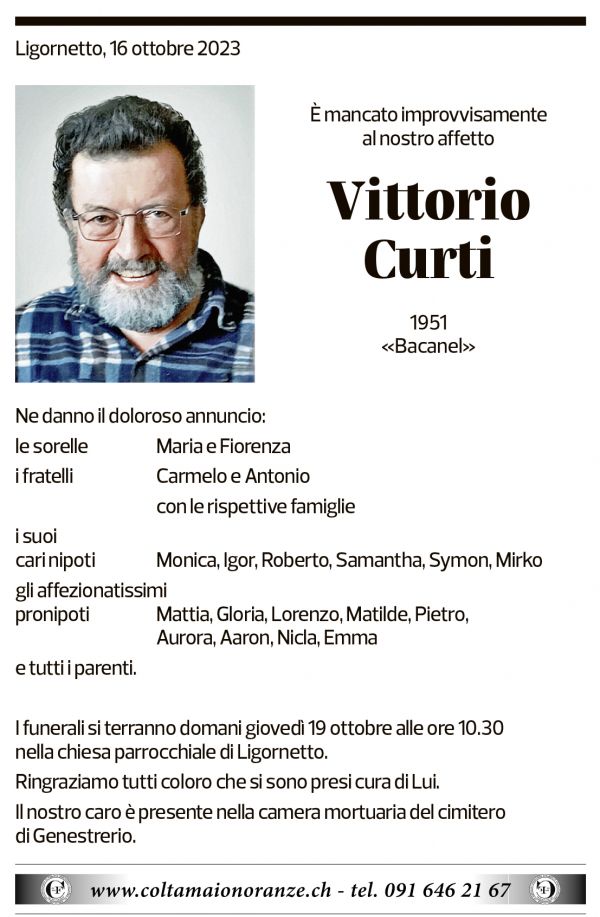 Annuncio funebre Vittorio Bacanel Curti