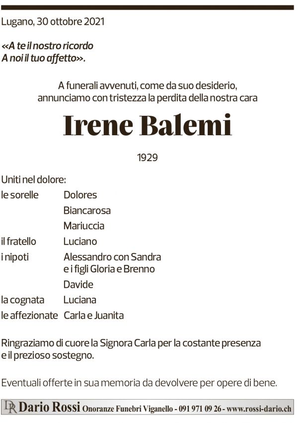 Annuncio funebre Irene Balemi