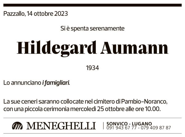 Annuncio funebre Hildegard Aumann