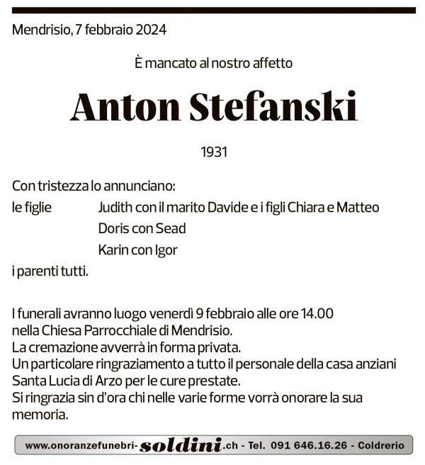 Annuncio funebre Anton Stefanski