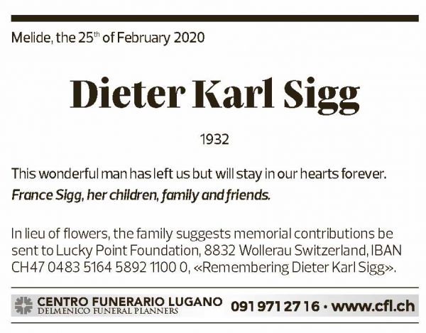 Annuncio funebre Dieter Karl Sigg