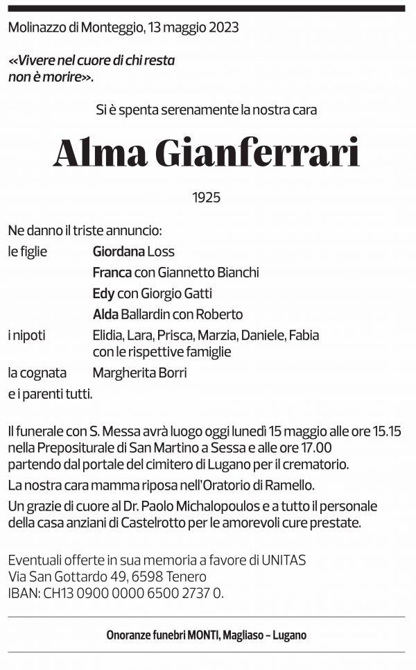 Annuncio funebre Alma Gianferrari