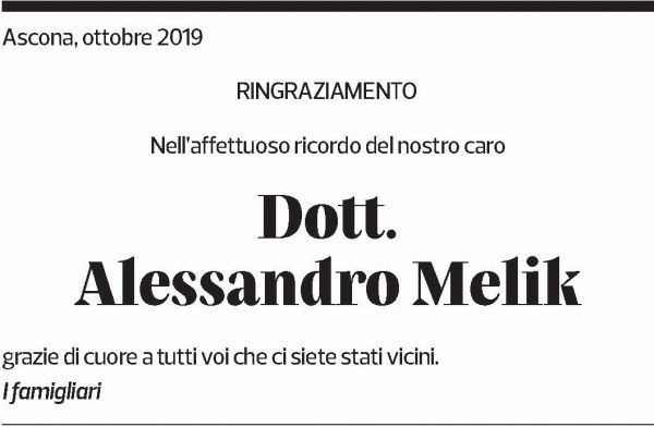 Annuncio funebre Alessandro Melik