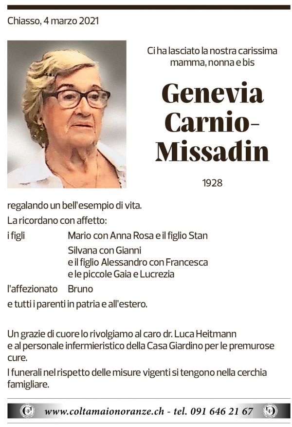 Annuncio funebre Genevia Carnio-missadin