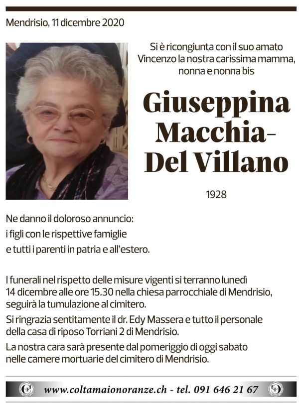 Annuncio funebre Giuseppina Macchia-del Villano