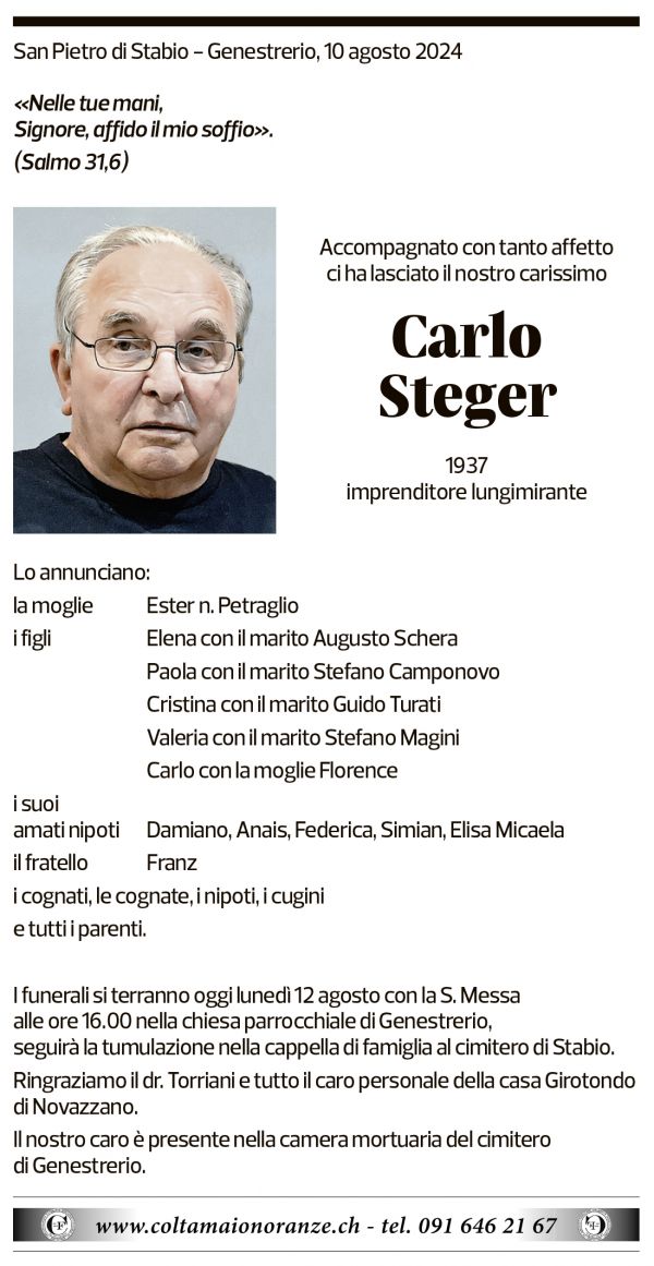 Annuncio funebre Carlo Steger