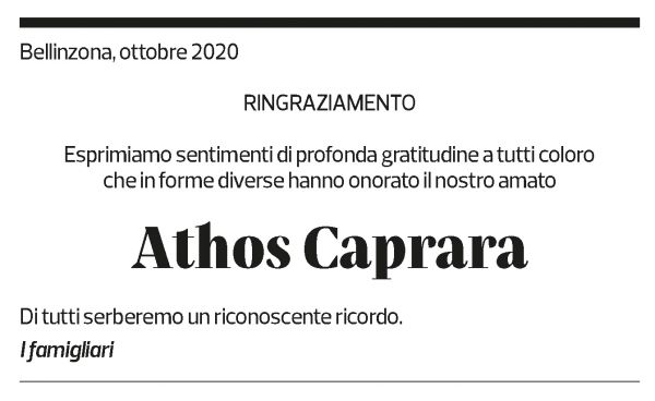 Annuncio funebre Athos Caprara