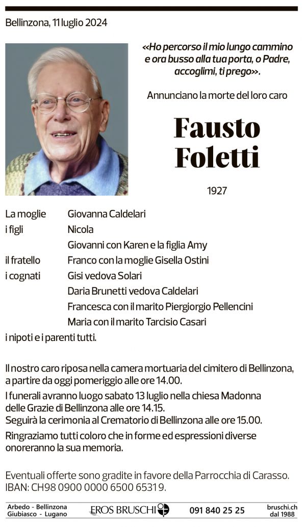 Annuncio funebre Fausto Foletti