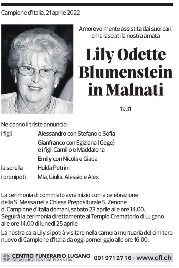 Annuncio funebre Lily Odette Blumenstein