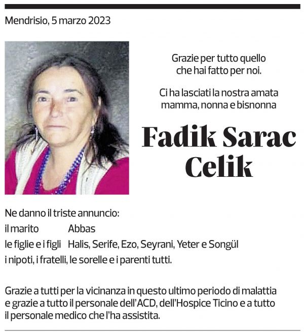 Annuncio funebre Fadik Sarac Celik