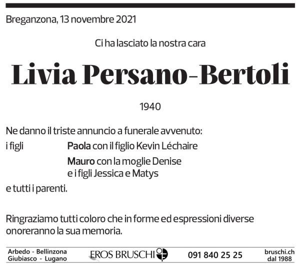 Annuncio funebre Livia Persano-bertoli