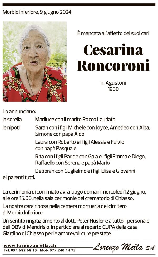 Annuncio funebre Cesarina Roncoroni