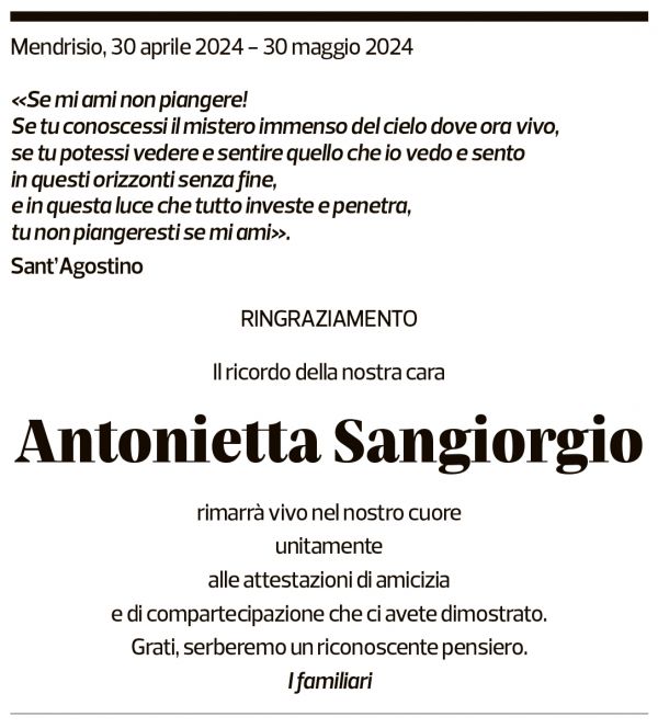 Annuncio funebre Antonietta Sangiorgio