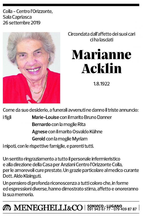 Annuncio funebre Marianne Acklin