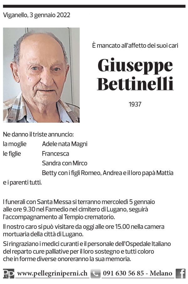 Annuncio funebre Giuseppe Bettinelli