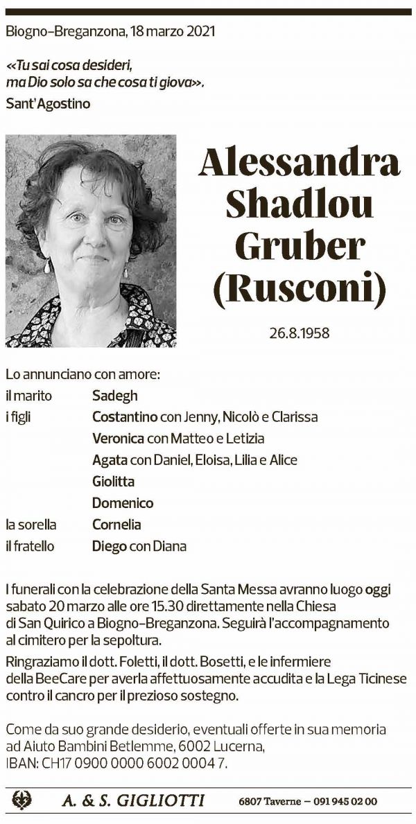 Annuncio funebre Alessandra Shadlou Gruber