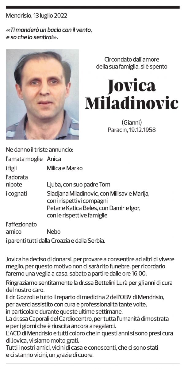 Annuncio funebre Jovica Miladinovic