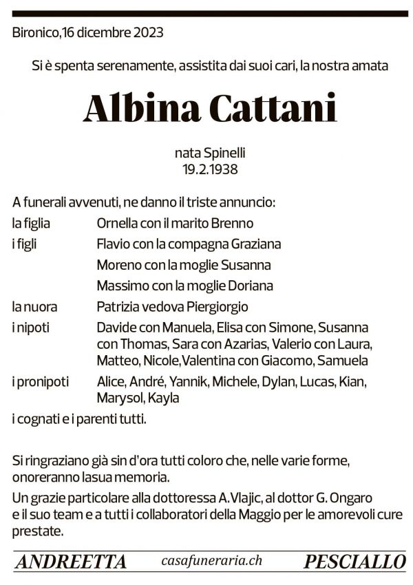 Annuncio funebre Albina Cattani