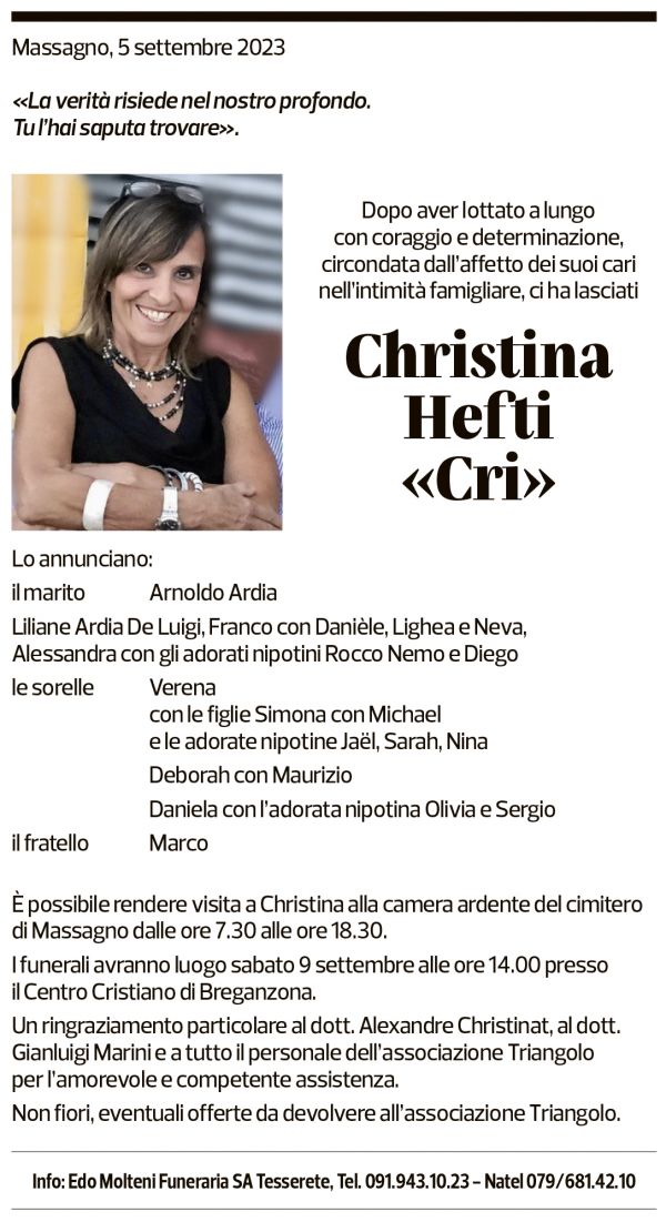 Annuncio funebre Christina Hefti