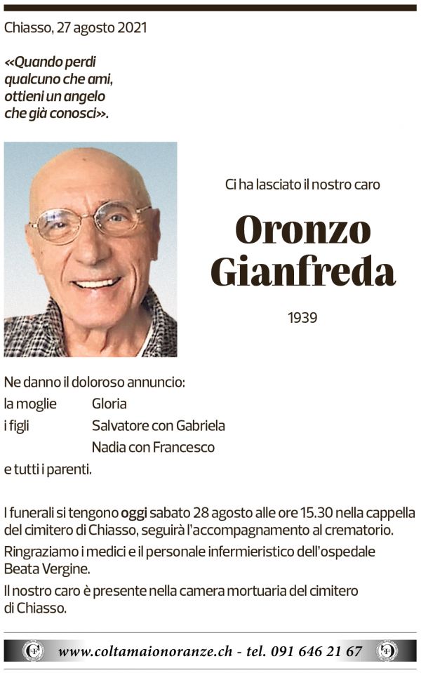 Annuncio funebre Oronzo Gianfreda