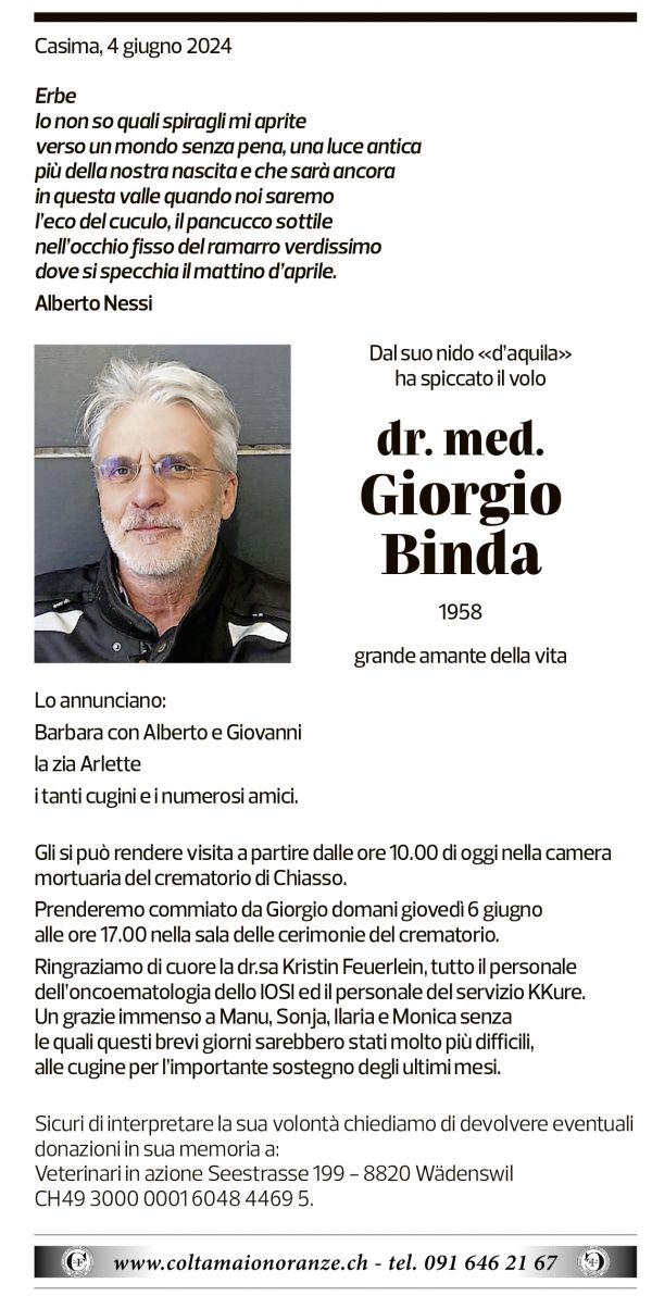 Annuncio funebre Giorgio Binda