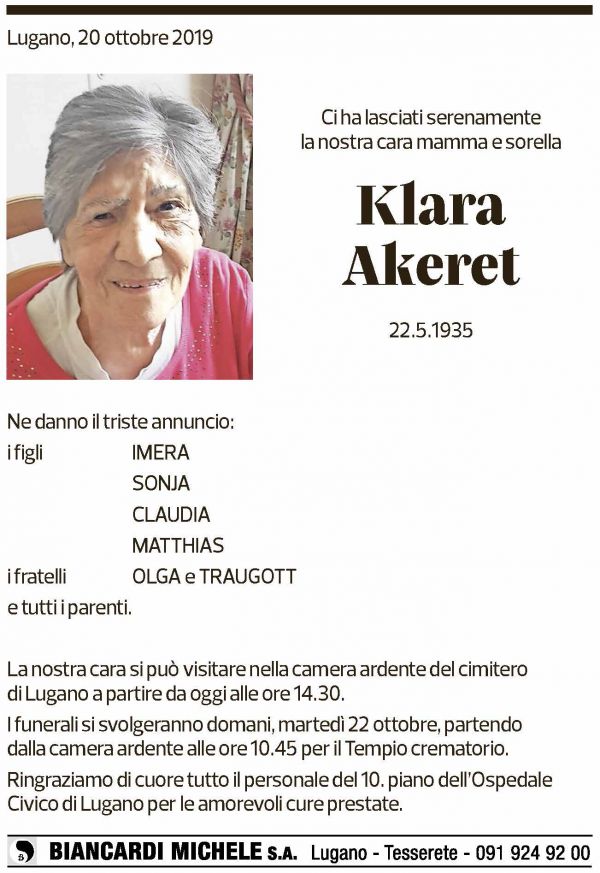 Annuncio funebre Klara Akeret