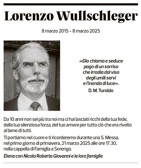 Annuncio funebre Lorenzo Wullschleger