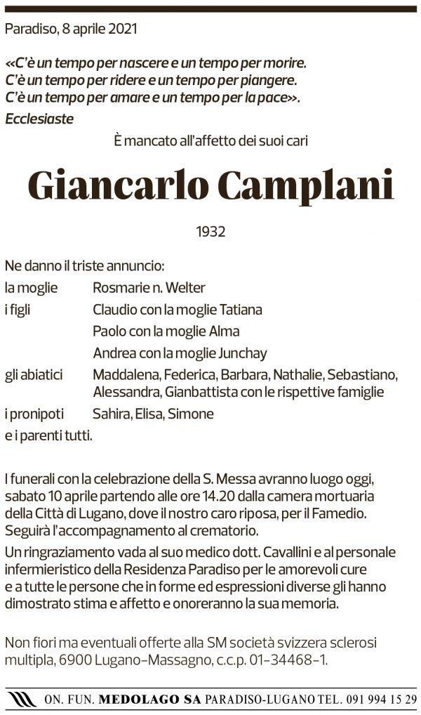 Annuncio funebre Giancarlo Camplani