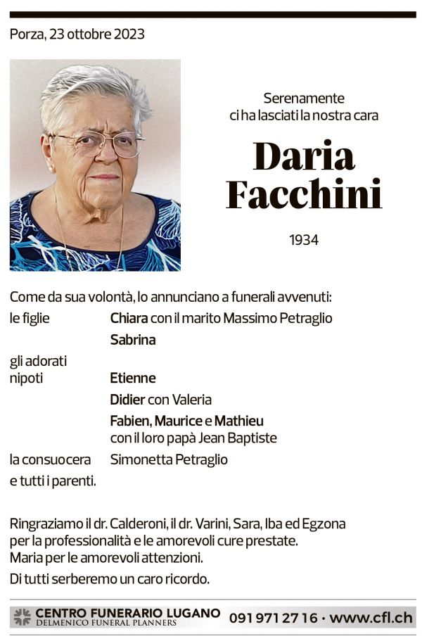 Annuncio funebre Daria Facchini