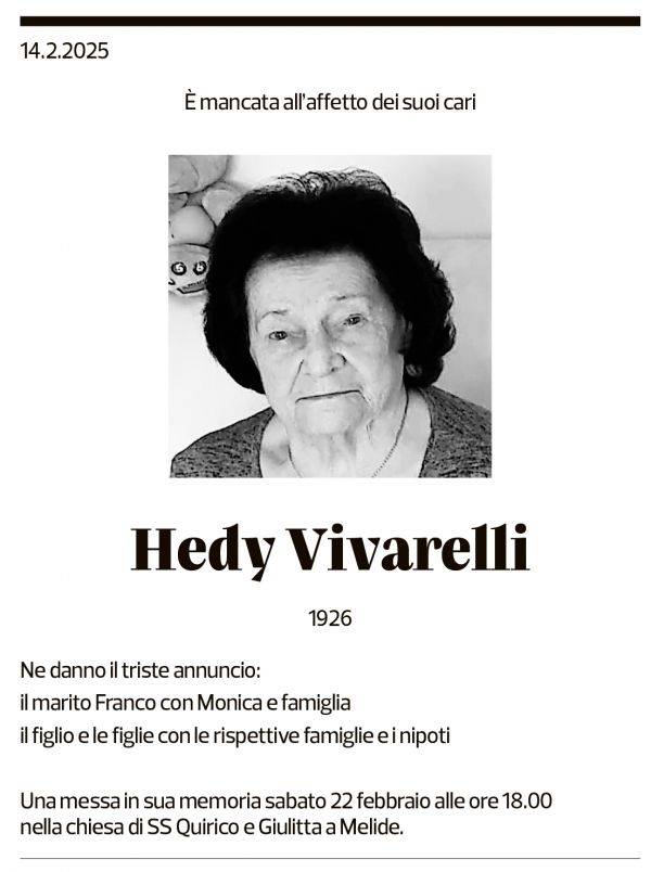 Annuncio funebre Hedy Vivarelli