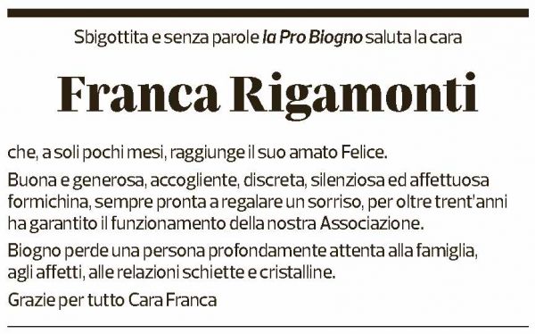 Annuncio funebre Franca Rigamonti