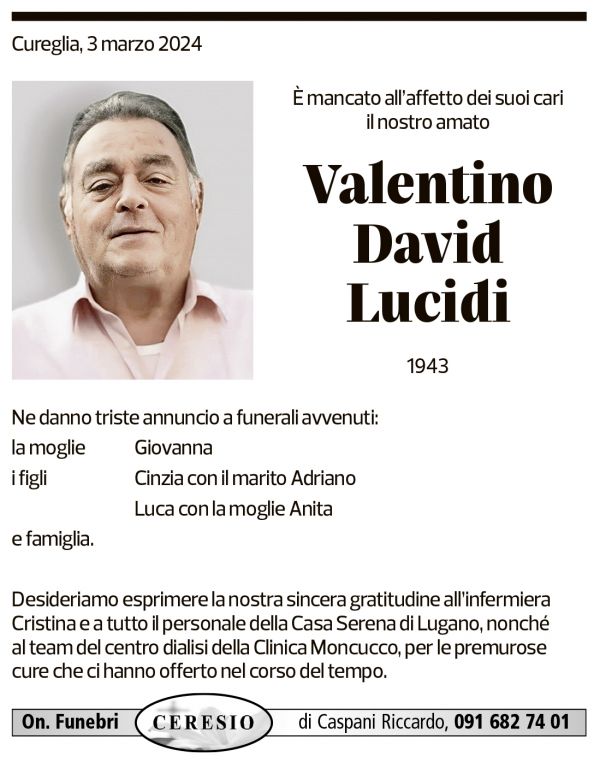 Annuncio funebre Valentino David Lucidi