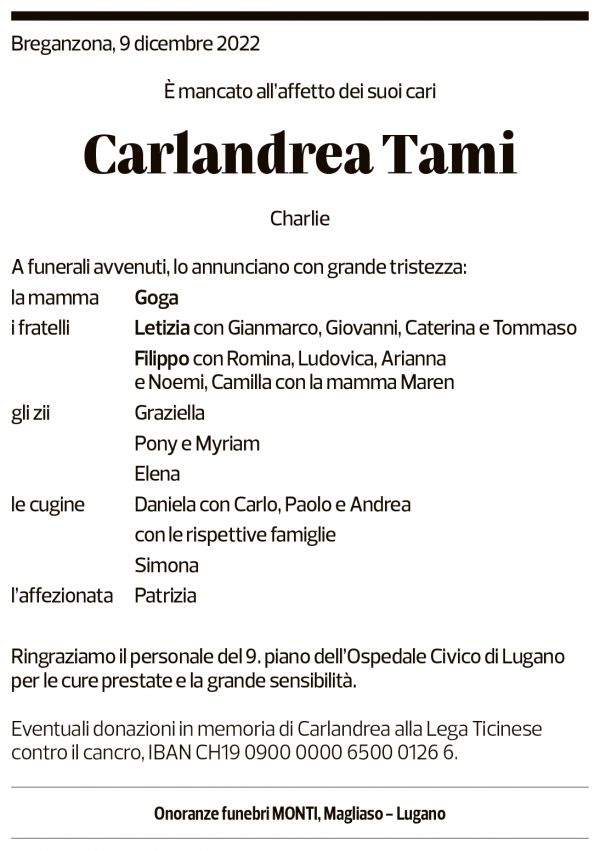 Annuncio funebre Carlandrea Tami