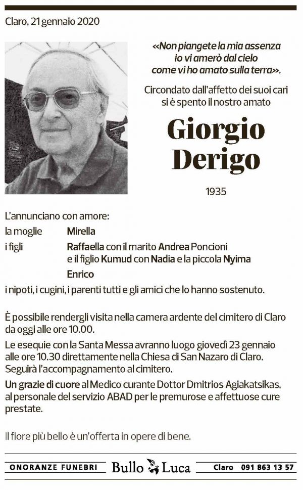 Annuncio funebre Giorgio Derigo