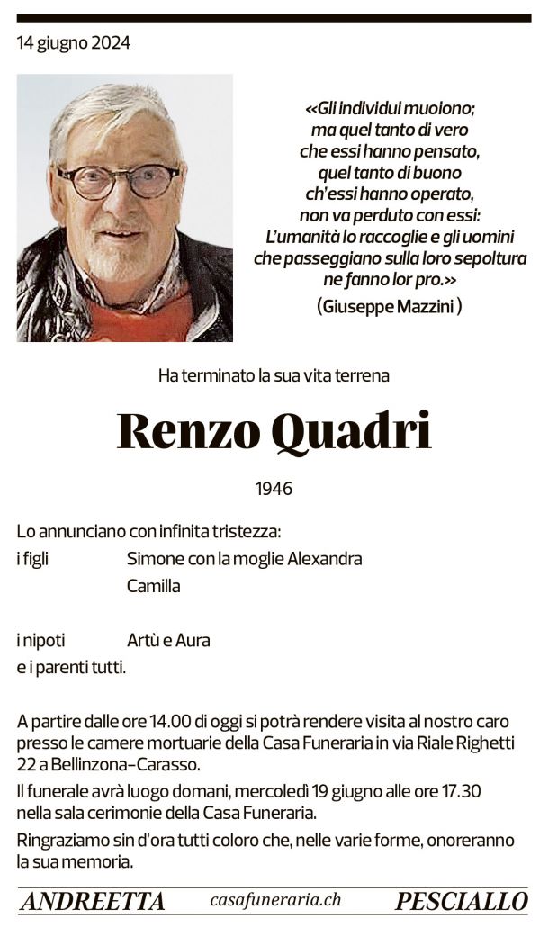 Annuncio funebre Renzo Quadri