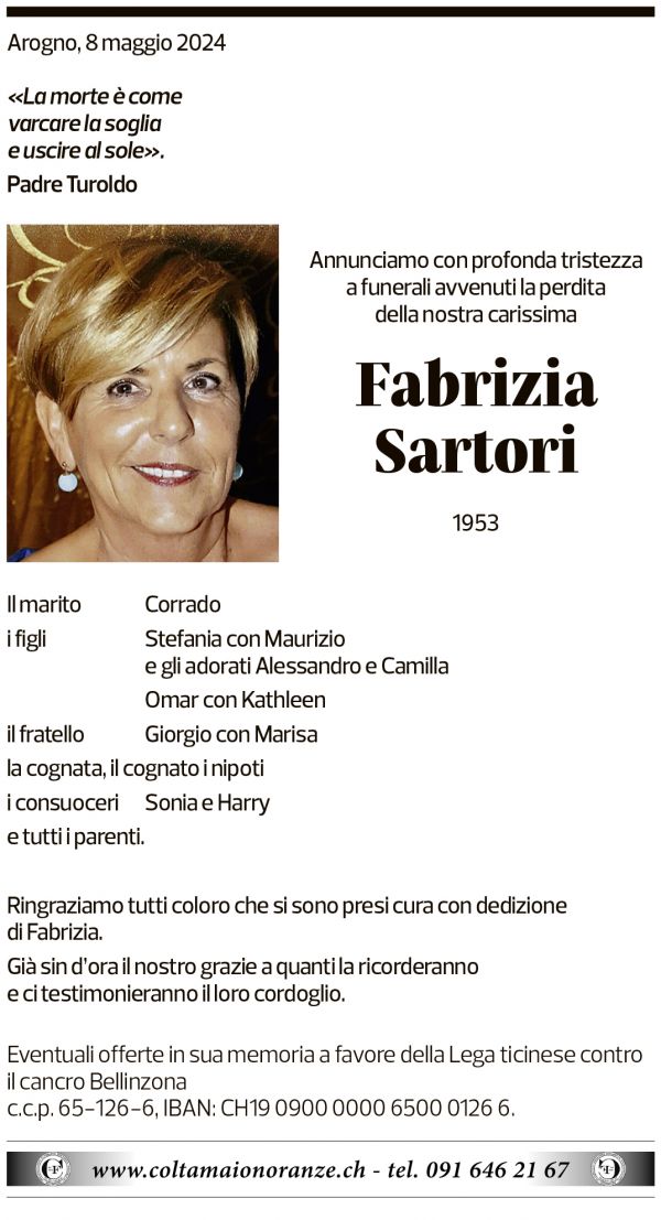 Annuncio funebre Fabrizia Sartori