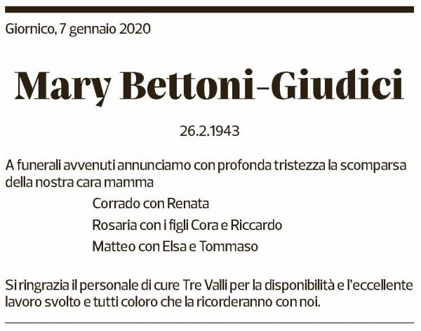 Annuncio funebre Mary Bettoni-giudici